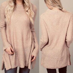 Umgee Chunky Knit Tunic Sweater Tan Beige Size Large High Neck‎ Cozy Soft Long L